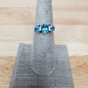 Sterling Silver Ring Blue Topaz Three Stone CZ Oval Cut Size 6 925 JED